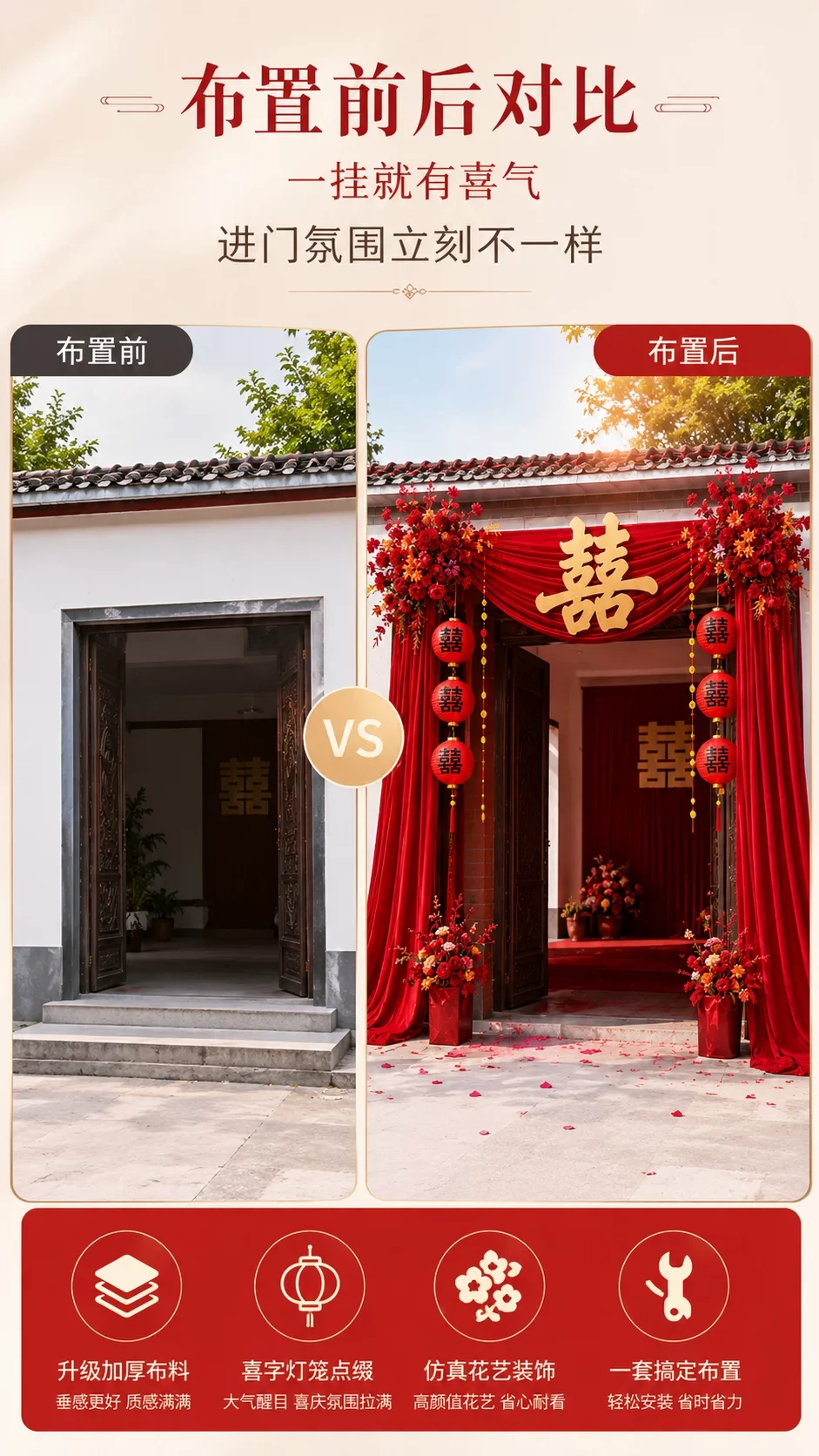 农村结婚庭院子婚礼布置自建房大门口婚房氛围感中式布幔装饰套装规格